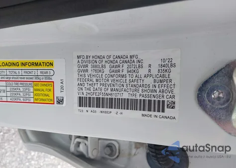 2022 Honda Civic Sport из США, поврежденный, VIN 2HGFE2F55NH610717